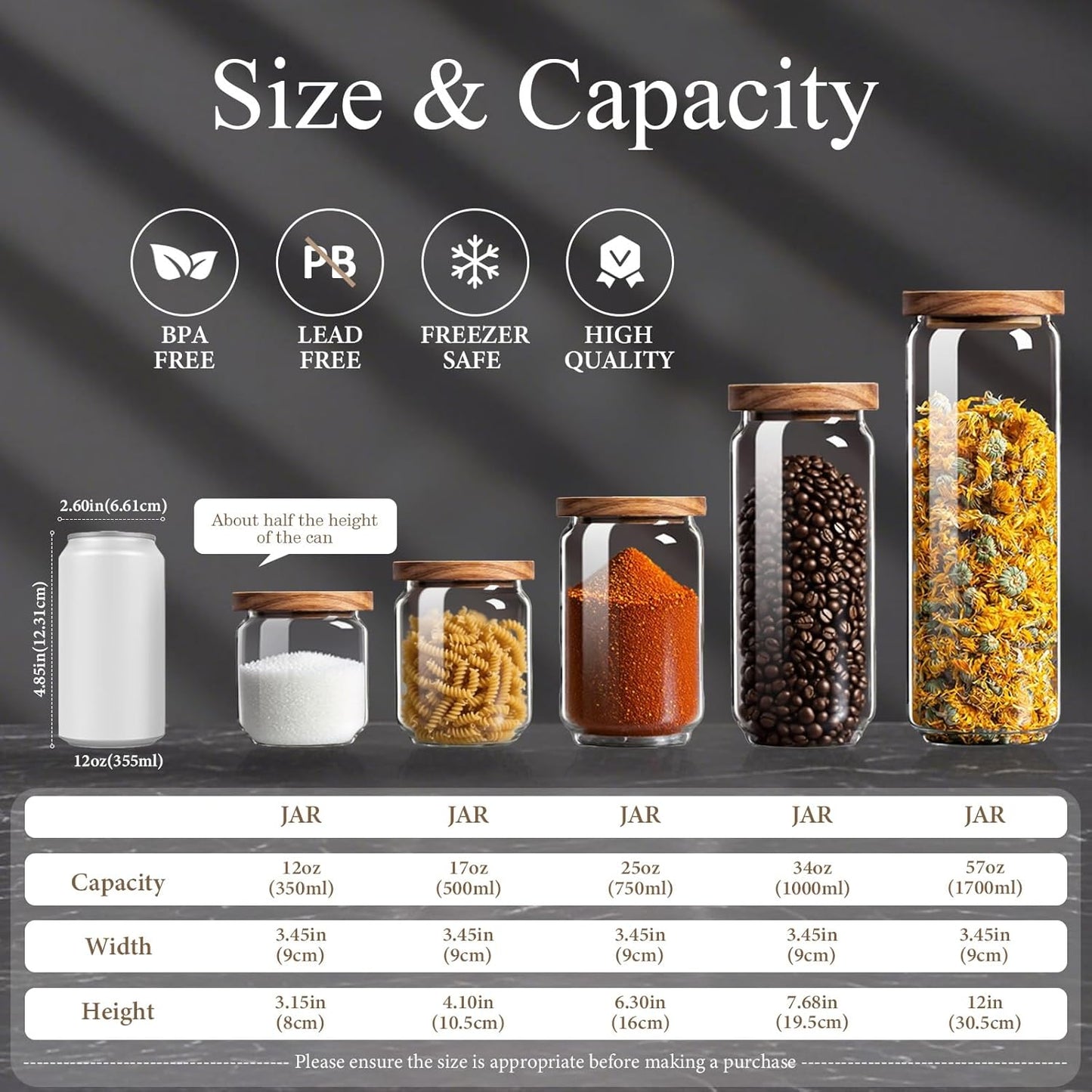 Glass Jars with Airtight Wood Lids - 25 oz Small Kitchen and Pantry Storage Containers, Canisters for Chia Seed, Ground Coffee, Sugar, Spice, Salt, Salad, Matcha, Set of 2