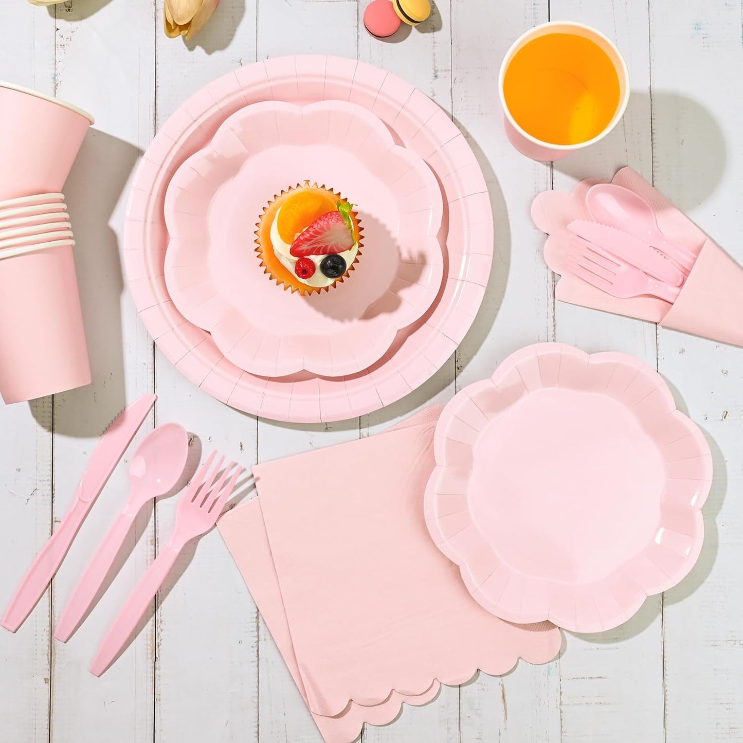 175 Pcs Light Pink Plates Cups and Napkins Set, Pink Scalloped Dessert Plates Party Supplies for 25 Guests Include Disposable Pink Party Plates Napkins Cup Cutlery for Baby Shower Wedding Birthday