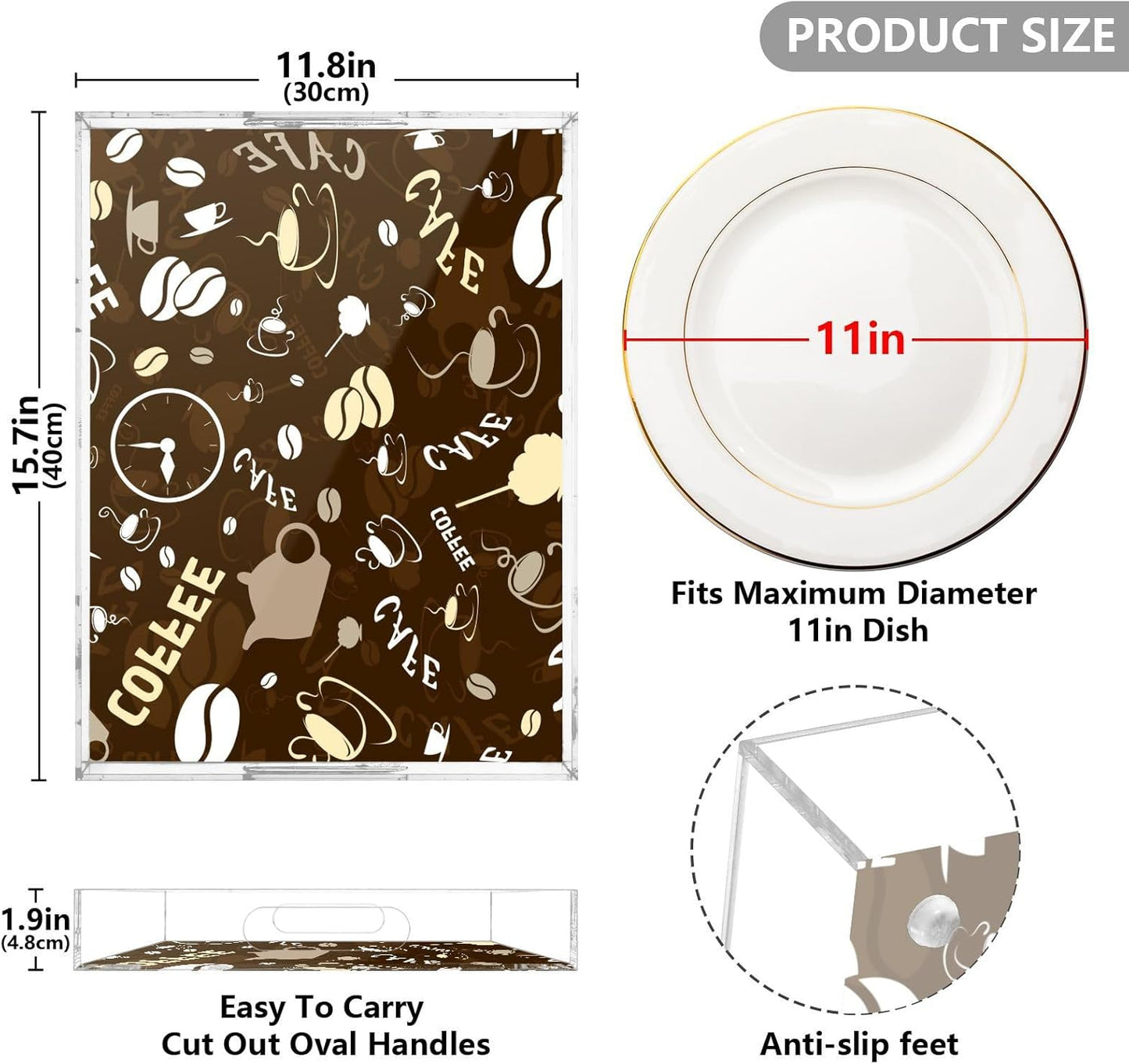 Acrylic Serving Tray with Handles Spill Proof Kitchen Storage Tray Clear Decorative Tray Makeup Drawer Organizer Storage Tray for Bathroom Living Room Ottoman 15.7x11.8Inches