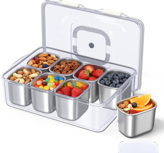 Stainless Steel Snack Containers with Lids, 8 Compartment Snacklebox, Portable Serving Snack Tray with Lid & Snack Organizer for Fruits, Nuts, Candy