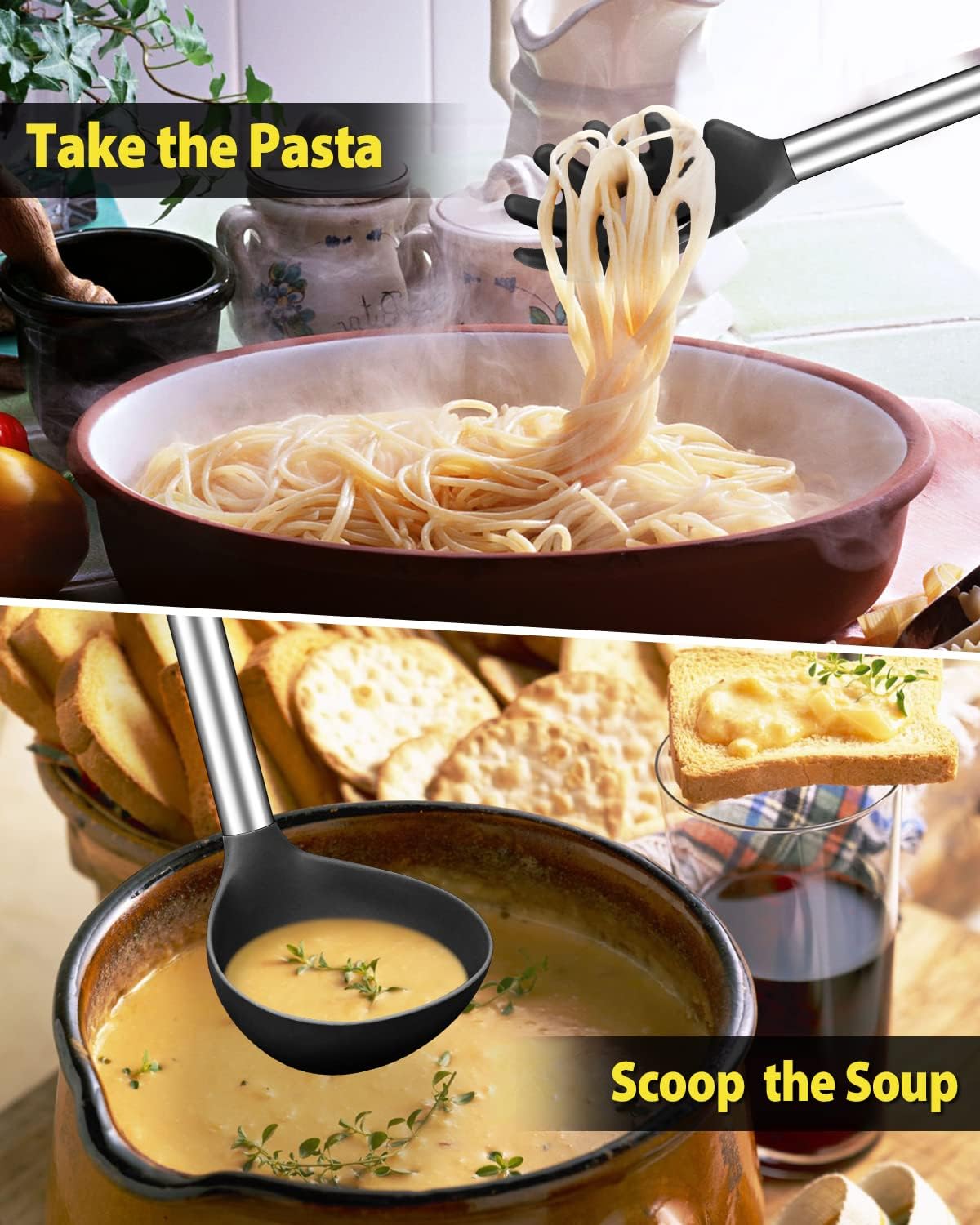 Silicone Pasta Fork and Soup Ladle Set, Non-Stick BPA Free Heat-Resistant Handy Kitchen Utensils for Cooking, Serving, Draining, Stirring (Black)