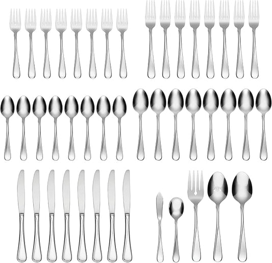 Oneida Silverware Set For 8, Flight 45-Piece Everyday Flatware Set with Serving Utensils, Service For 8, 18/0 Stainless Steel, Dishwasher Safe, Knives Spoons and Forks Set, Dining (Silver, 45 pieces)