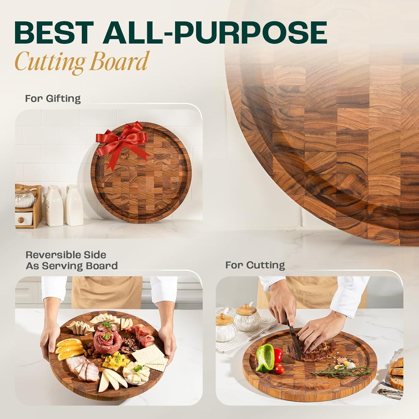 Yes4All Round Teak Cutting Boards for Kitchen, [16"D x 1"Thick] End Grain Cutting Board, Teak Wood Serving Board, Food Safe Surface for Slicing and Serving, Wood Charcuterie Board with Build In Handle