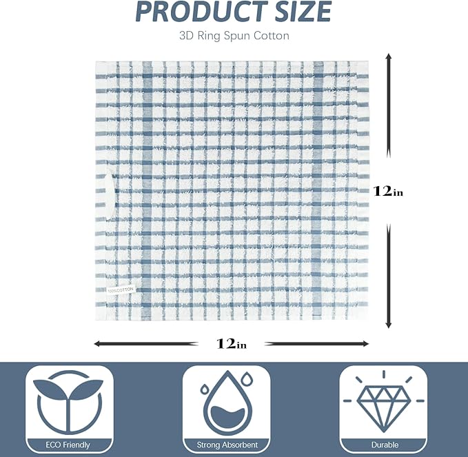 Nialnant 8 Pack Kitchen Towels and Dishcloths Sets,100% Cotton Soft Absorbent Quick Drying Dish Towels for Kitchen,Washing Dishes-Little Blue Plaid,12 x 12 in