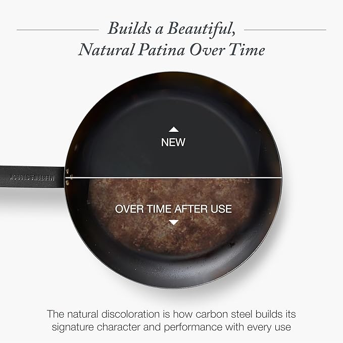 Merten & Storck Pre-Seasoned Carbon Steel 12” Frying Pan Skillet, Use on Induction, Stove and Grill, Durable, Even-Heating, for Searing, Grilling, Oven Use, and Campfire, Indoor/Outdoor