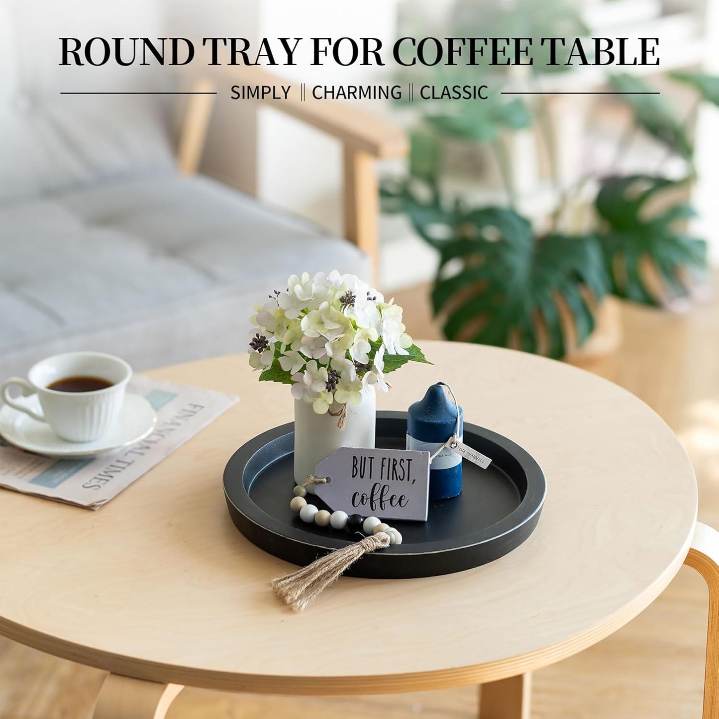 Hanobe Black Round Decorative Coffee Tray Wooden Trays for Coffee Table Centerpieces Dining Room Circle Wood Ottoman Serving Tray for Bathroom Kitchen Counter Candle Holder