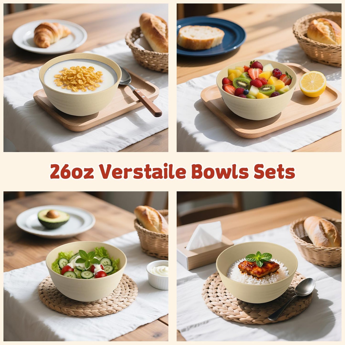 Wrova 6-piece Wheat Straw Bowls sets 26oz,Alternative Plastic Bowls Reusable for indoors and outdoors,Microwave-able and Dishwasher Safe Bowls Sets Easy to Clean.Beige Series