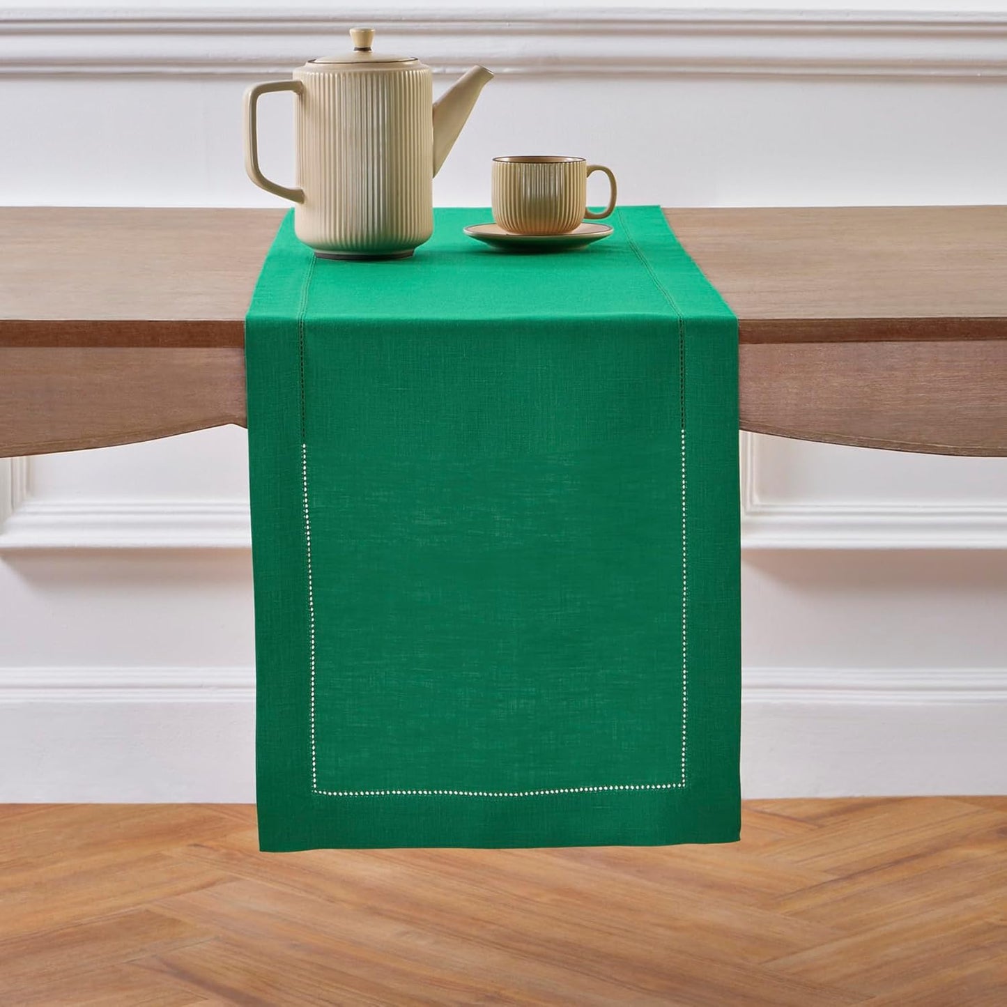 Solino Home Linen Emerald Green Hemstitch Table Runner 48 Inches - 100% Pure Linen Small Table Runner 14 x 48 Inch Ideal for Dresser and Coffee Tables - Classic Hemstitch - Christmas
