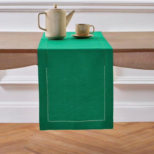 Solino Home Linen Emerald Green Hemstitch Table Runner 48 Inches - 100% Pure Linen Small Table Runner 14 x 48 Inch Ideal for Dresser and Coffee Tables - Classic Hemstitch - Christmas