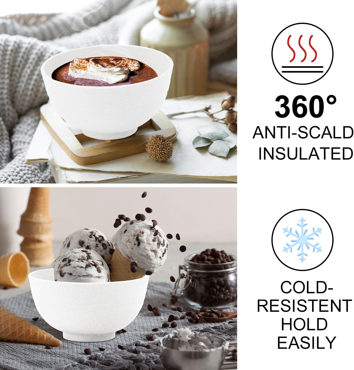 Wrova Wheat Straw Snack Bowls 10oz Set of 8 - Unbreakable Dessert Bowl for Kids - Small White Bowls for Ice Cream,Snack and Fruits - Microwave & Dishwasher Safe Mini Appetizer Bowl Sets - White