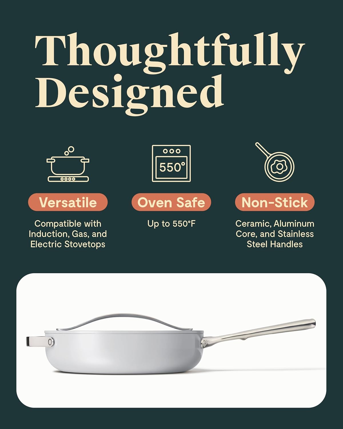 Caraway Nonstick Ceramic Sauté Pan with Lid (4.5 qt, 11.8") - Non Toxic, PTFE & PFOA Free - Oven Safe & Compatible with All Stovetops (Gas, Electric & Induction) - Gray