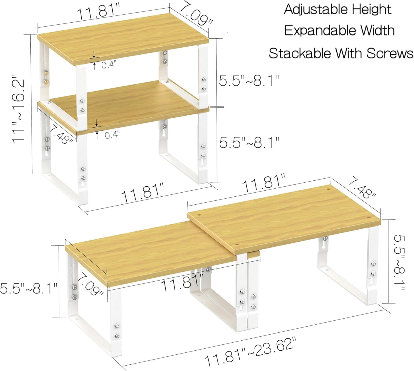 Expandable Kitchen Cabinet Organizer Shelves – Stackable Adjustable Metal and Wood Storage Racks for Countertop, Pantry, Garage Set of 2 Spice Rack – Easy Assembly, Space-Saving(1 Pack/Medium/White)