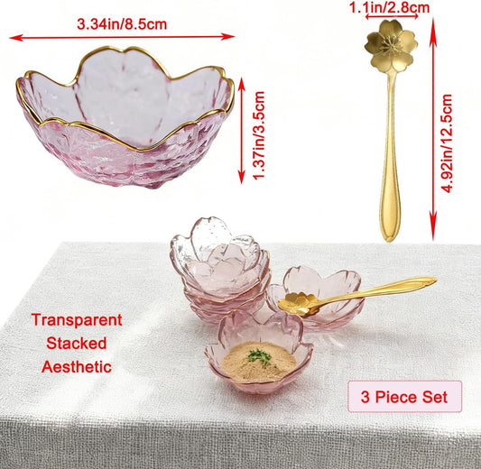 3 Pcs Pink Sakura Sauce Dishes Set with Gold Trim, Glass Cherry Blossom Dipping Bowls with Metal Spoons, Small Condiment Dishes for Soy Sauce, Sushi, Snacks, and Party Appetizers