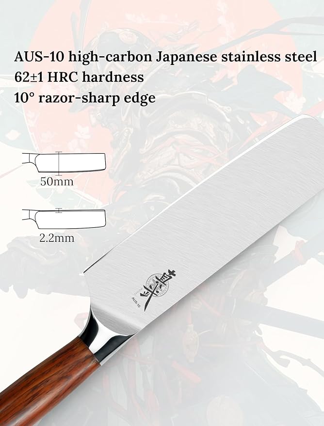 Nakiri Knife 7 Inch, Japanese AUS-10 High Carbon Stainless Steel Chef Knife, Rosewood Handle, Razor Sharp Vegetable Cleaver for Chopping, Gift Box Included