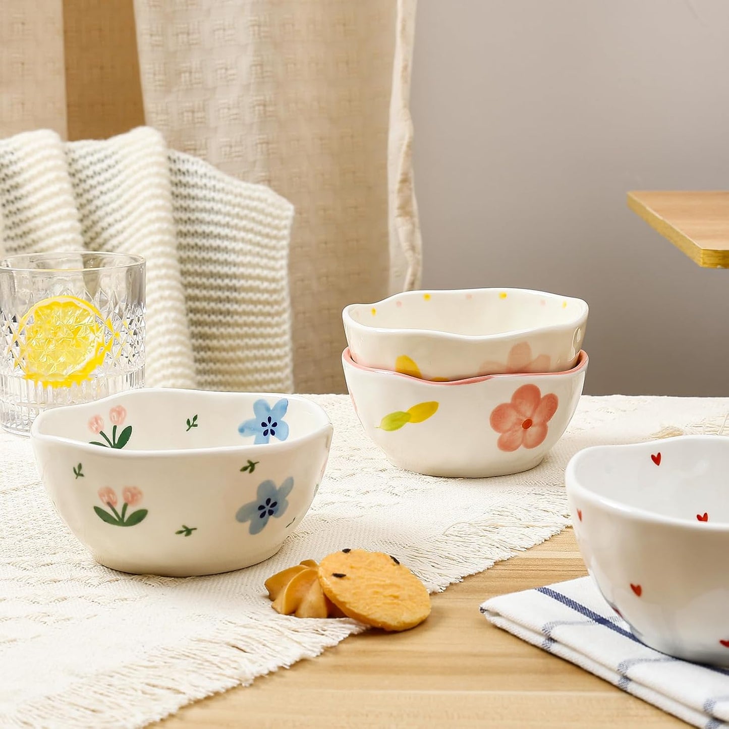 Koythin Ceramic Cereal Bowl, Cute Flowers Pattern Kitchen Bowls for Cereal, Salad, Pasta, Soup, Dessert, Serving, Home Decor, Microwave and Dishwasher Safe (Pink Large Petals)