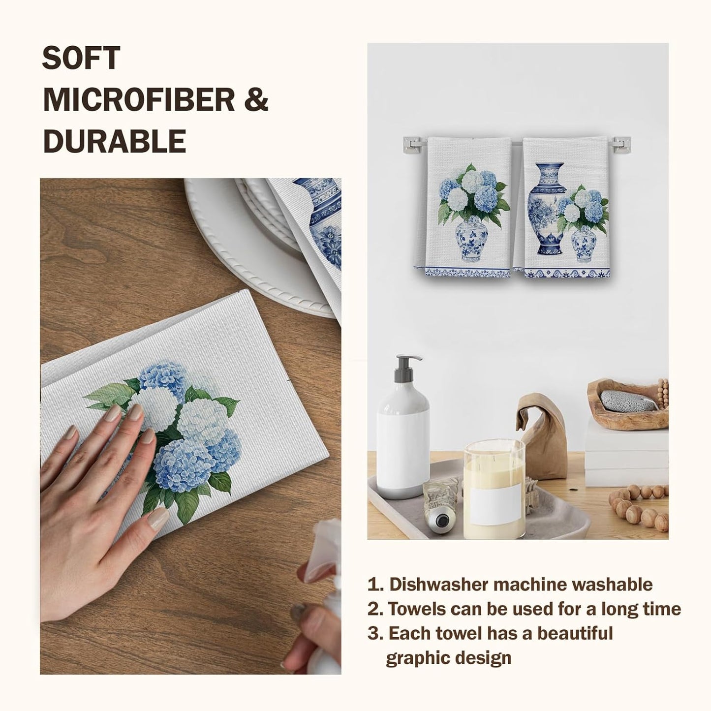 Blue and White Hydrangea Porcelain Floral Kitchen Towels, Chinoiserie Porcelain House Hand Towel Set of 2, Vintage Gifts for Home Bathroom Holiday Decor - A08