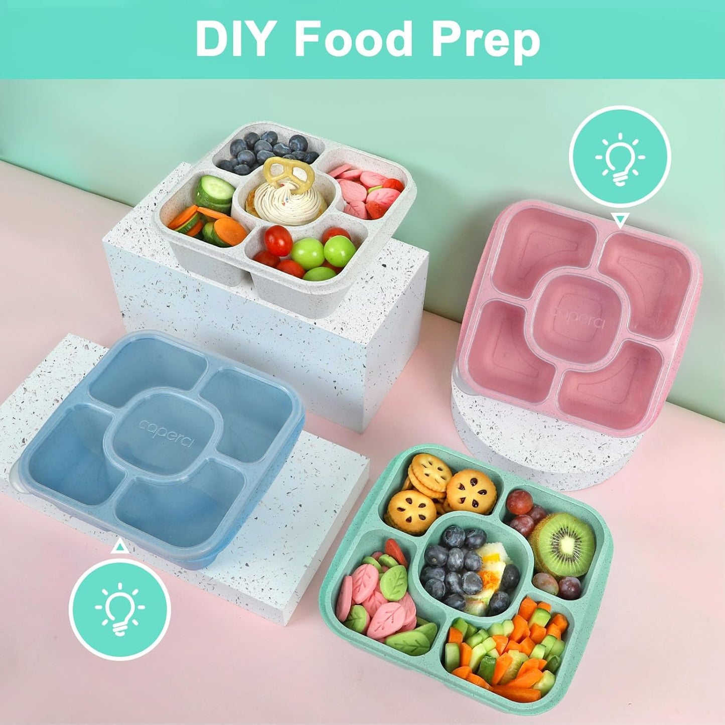 Caperci Original Bento Snack Box and Lunchable Containers for Kids & Adults - 5 Compartment Food Storage Containers for Snacks and Meals, Wheat Straw, BPA-Free, Set of 4 (Multicolor & Clear Lids)