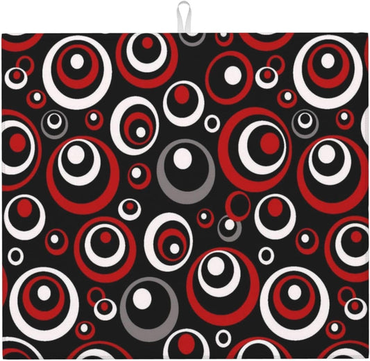 Red Black White Retro Geometric Circle Dish Drying Mats for Kitchen Counter, Absorbent Microfiber Drying Pad for Dishes, Foldable Modern Art Kitchen Mat for Dish Racks & Sink, Home Decor, 16" x 18"