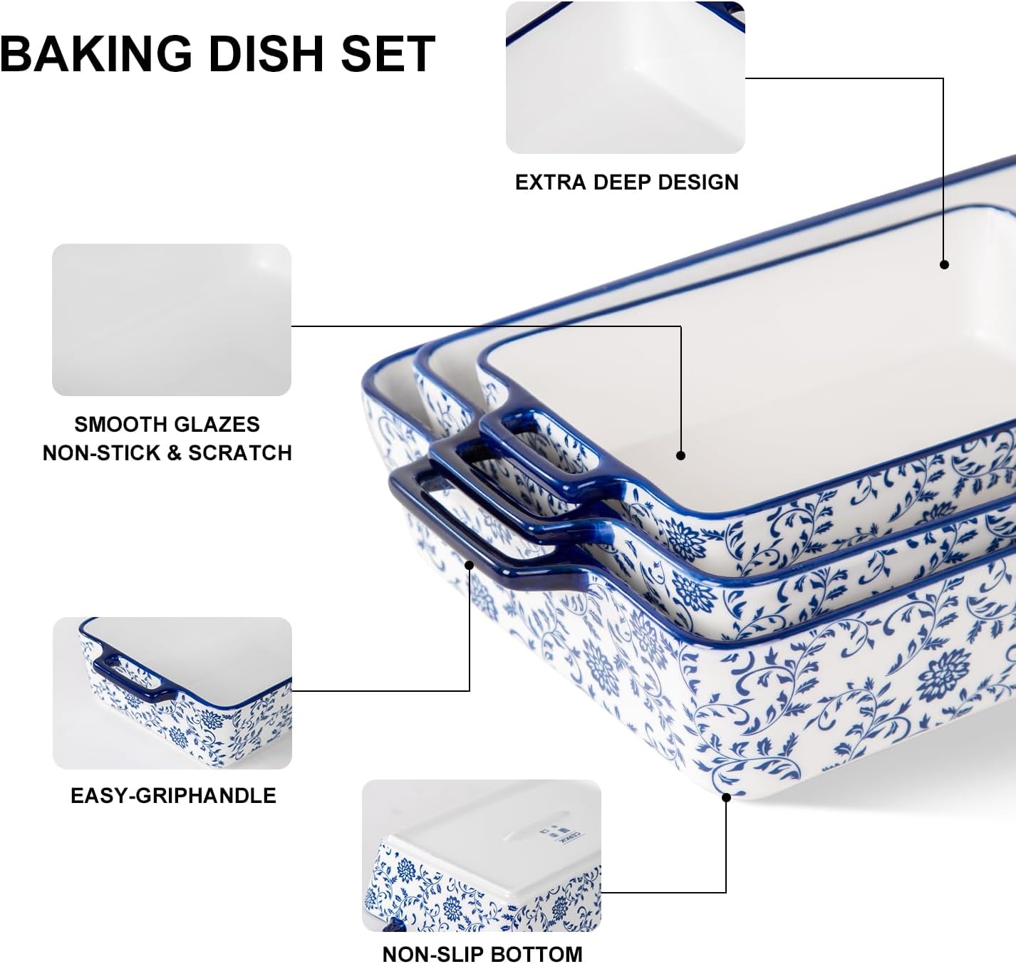 Bakeware Set Ceramic Baking Dish Casserole Dishes for Oven Rectangular Lasagna Pan for Cooking, Kitchen - Microwave Dishwasher Safe - Wedding & House Warming Gift, Set of 3, Blue