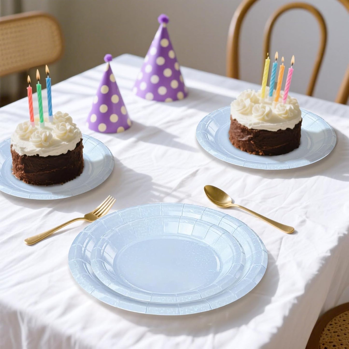 50 Pcs Iridescent Light Blue Paper Plates 25 × 7'' and 25 × 9'' Disposable Blue Shiny Holographic Foil Dinner Plates for Wedding Baby Shower Birthday Disco Party Glitter Dessert Plate