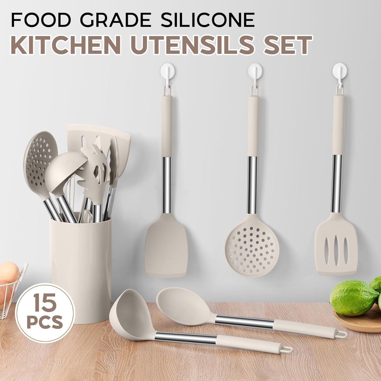 Onader Silicone Cooking Utensils Set of 15, Kitchen Utensils Set with Holder for Nonstick Cookware, 446°F Heat Resistant Stainless Steel Handle - Khaki