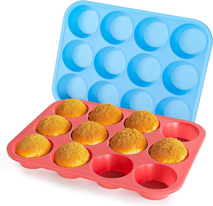 Bangp 12-Cup Silicone Muffin Pan with Metal Reinforced Frame,2 Pack Regular Size Cupcake Pan,Premium Non-Stick Bend Resistance Silicone Molds for Making Muffin,Cakes,Tart,Egg Bites (Red & Blue)