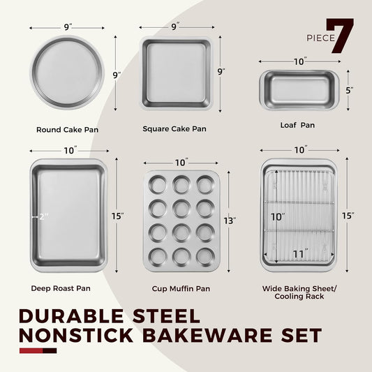 KITESSENSU Baking Pans Sets, Nonstick Bakeware Set 7-Piece with Round/Square Cake Pan, Loaf Pan, Muffin Pan, Cookie Sheet, Roast Pan, Cooling Rack, Carbon Steel Bake Set,Silver