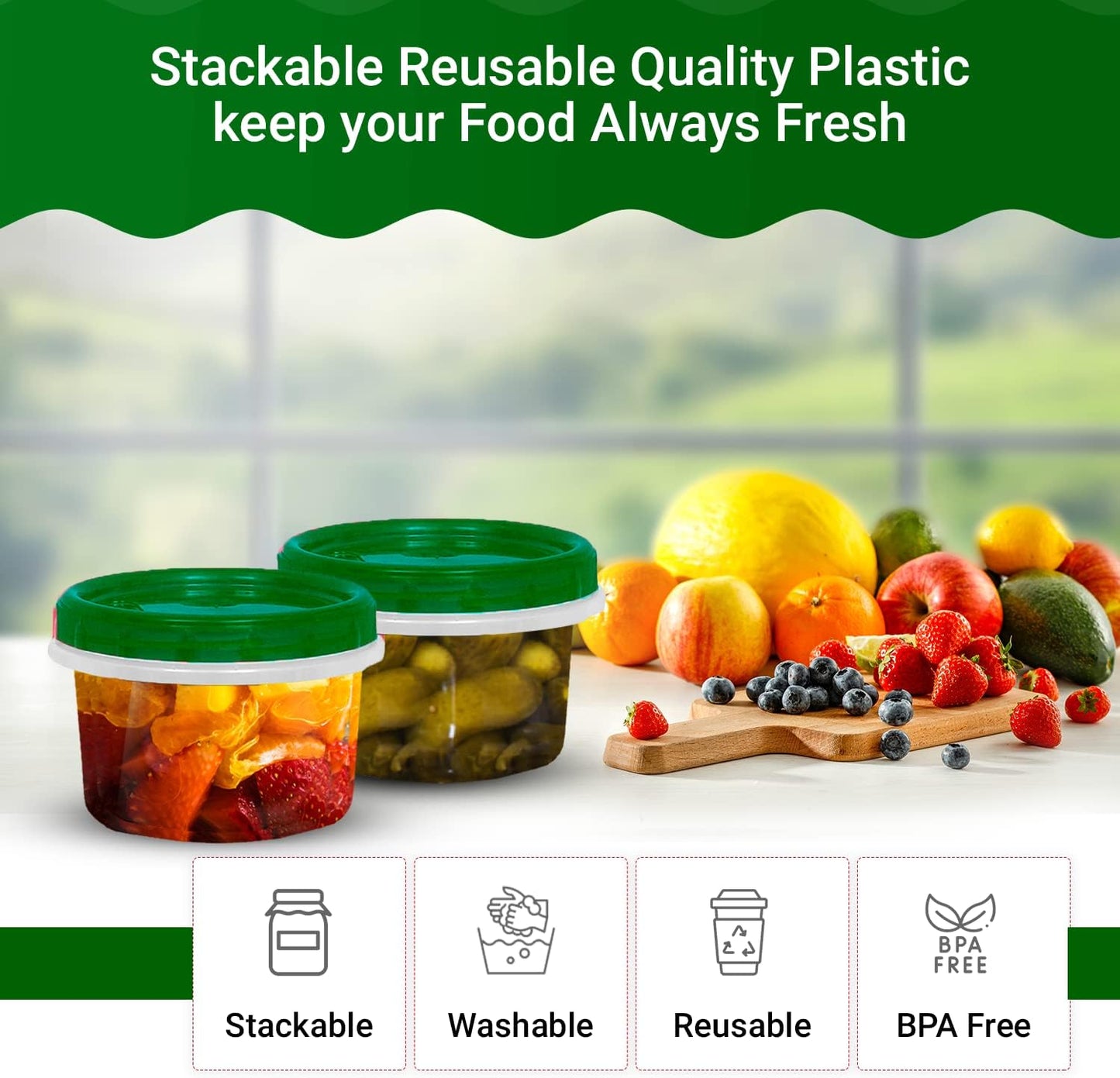 [Green - 12 Pk] Airtight Deli Containers with Lids Twist Lock Top Clear Food Storage for Meal Prep Snacks and Leftovers Freezer and Microwave Safe Stackable Leak-Resistant and 12 Pc. Set (16 Ounce)