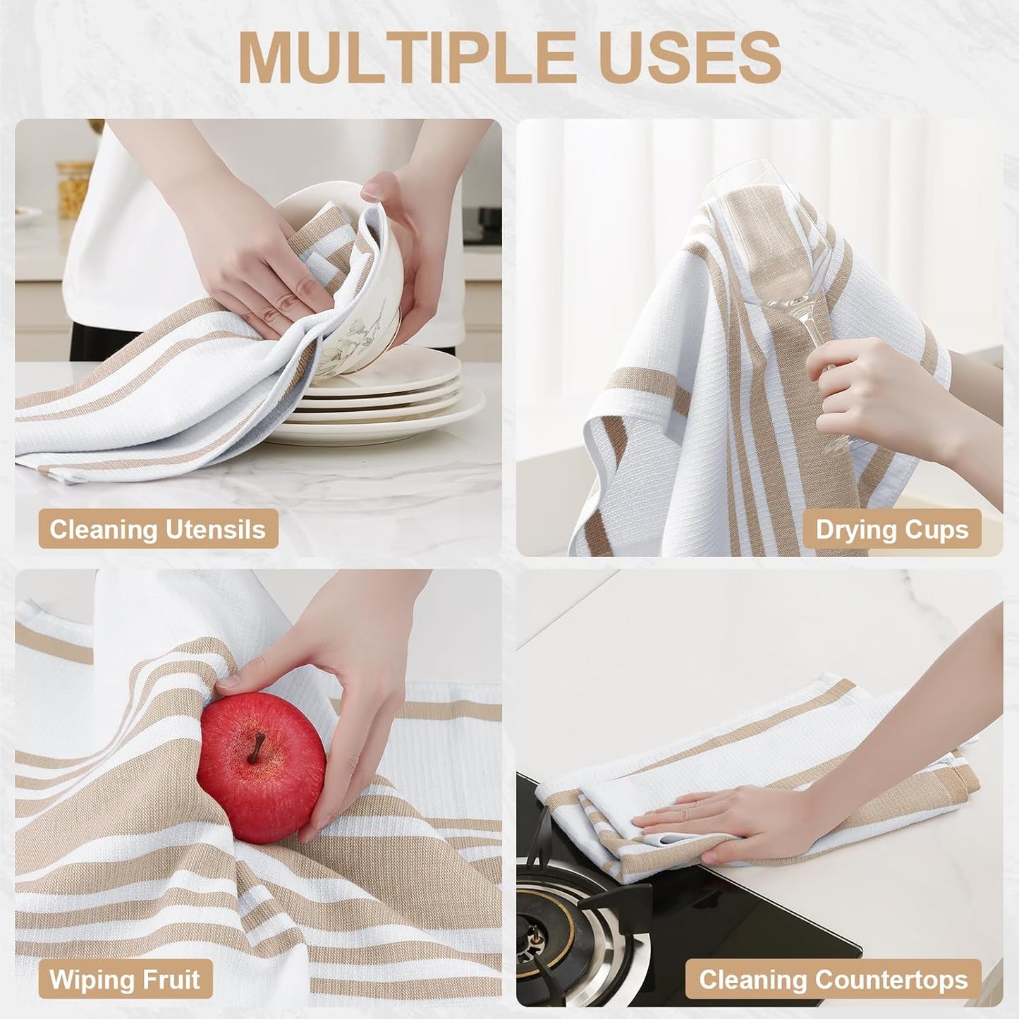 Homaxy Premium Kitchen Towels 18”x 28”, Large Cotton 380 GSM Kitchen Hand Towels, Stripe and Terry Dish Towel, Highly Absorbent Tea Towel Set with Hanging Loop, 8 Pack, Khaki