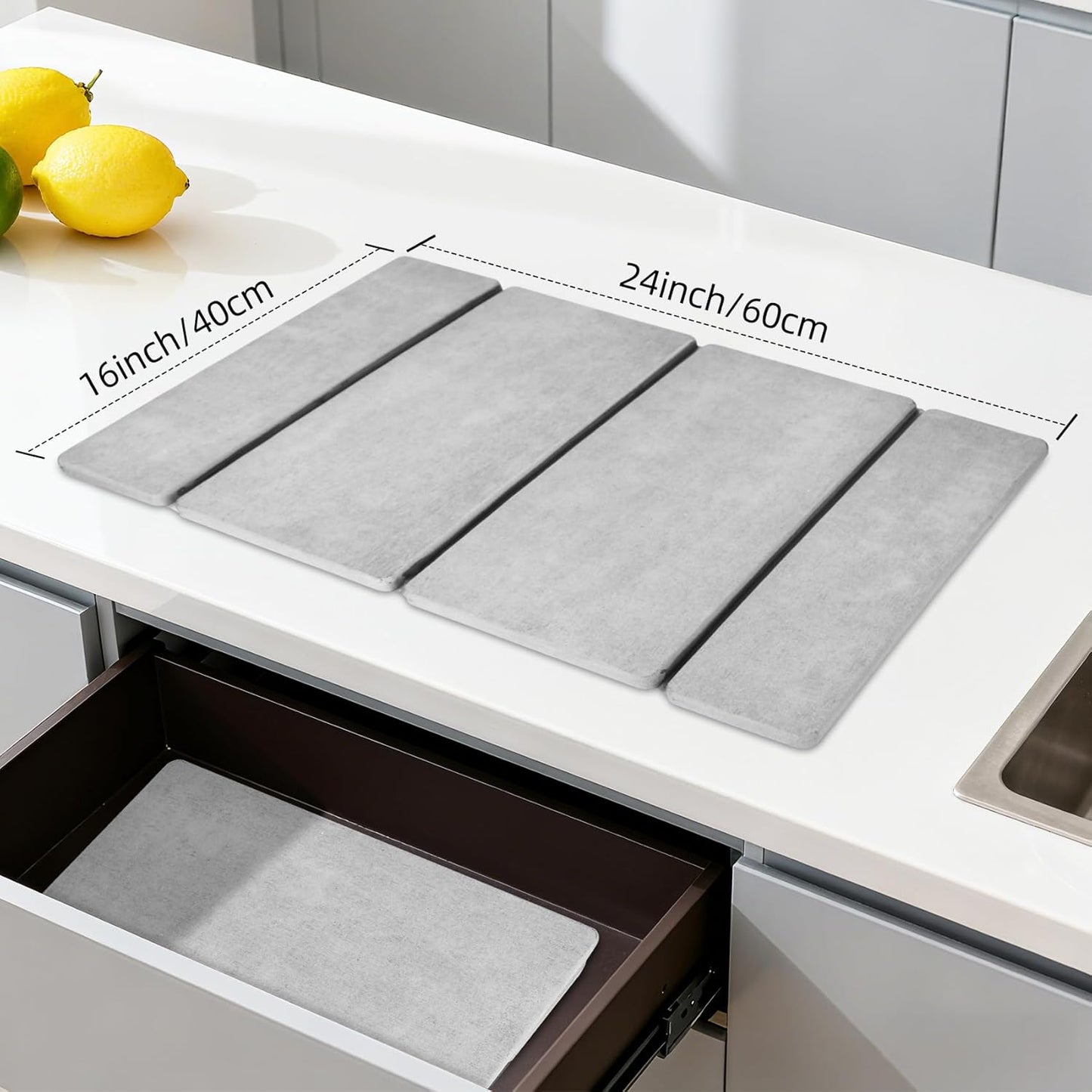 Stone Dish Drying Mat for Kitchen Counter，24x16 Collapsible Diatomaceous Earth Mats， Quick Drying Absorbent Dish Mat,Non-Slip Countertop & Bath Mat for Dishes Cups Bottles,Light Gray