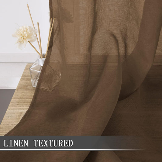Tollpiz Short Sheer Curtain Linen Textured Living Room Curtains Sheer Light Filtering Rod Pocket Voile Curtain for Bedroom, 42 x 54 inches Long, Brown, Set of 2 Panels
