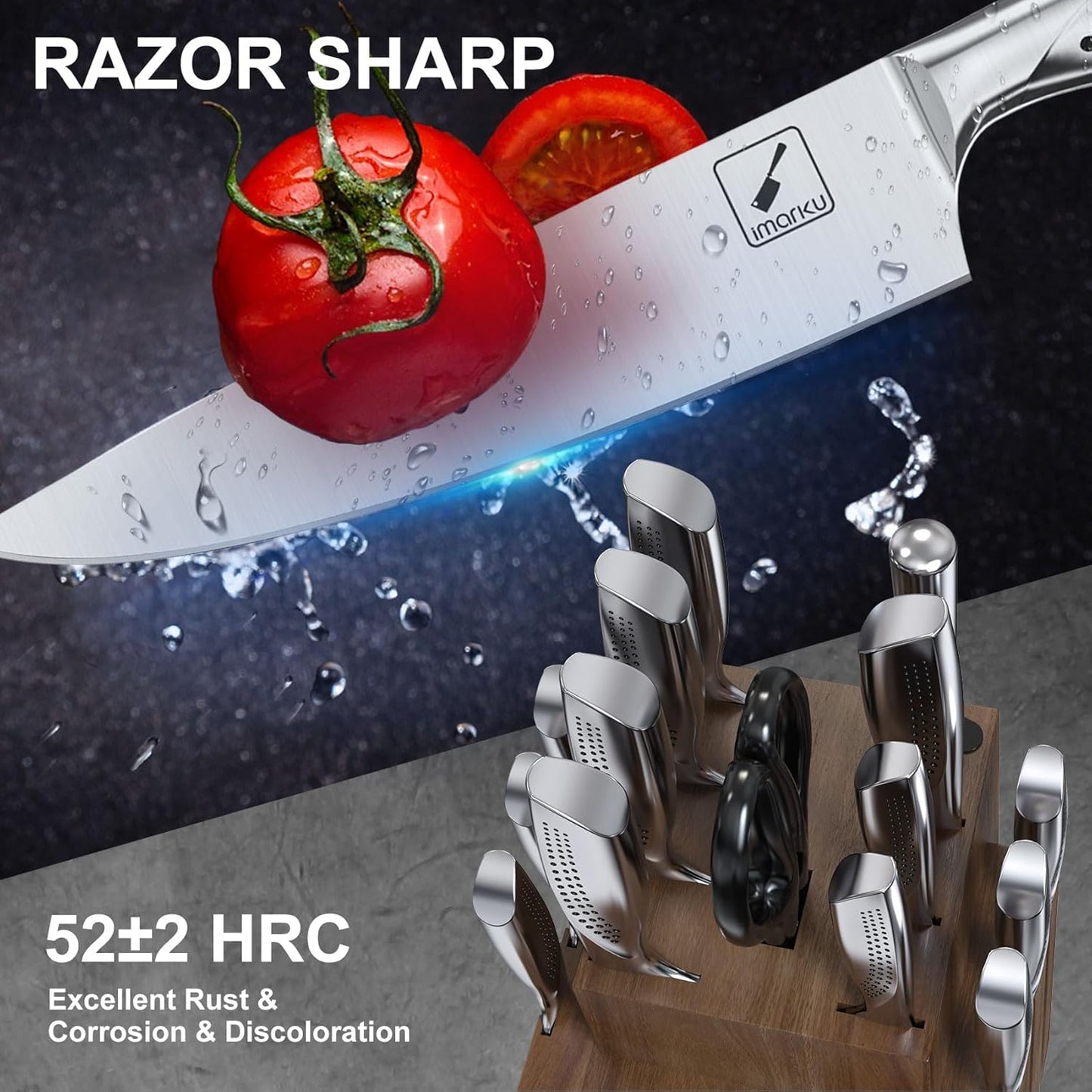 imarku Knife Set, 16PCS High Carbon Stainless Steel Kitchen Knife Sets with Block Ultra Sharp Knife Block Set, Japanese Knife Set with Dotted Non-slip Ergonomic Handle, Dark Brown, Best gifts