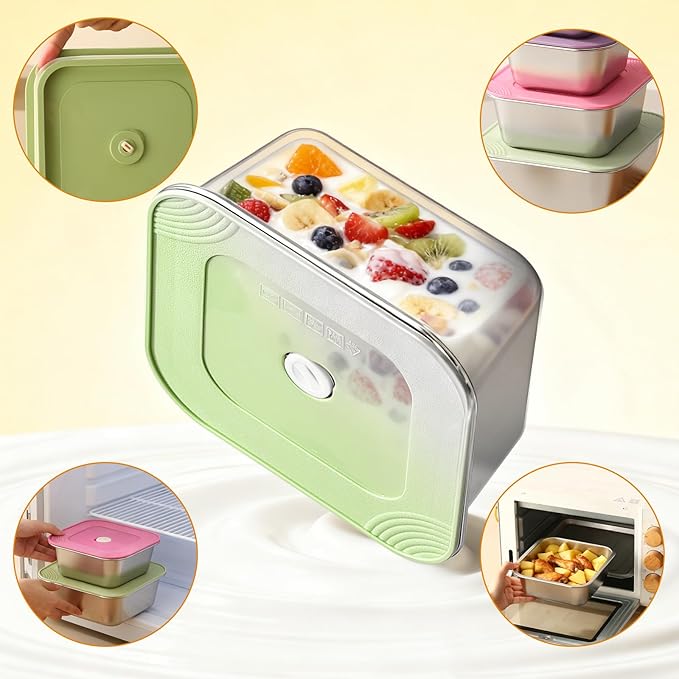 4-Piece Stainless Steel Snack & Lunch Containers with Lids Set, Stackable Metal Food Storage Containers with Lids, Airtight Leakproof Lunch Bento Box, Dishwasher Safe (Size 4.5", 5.5", 6.3", 7")