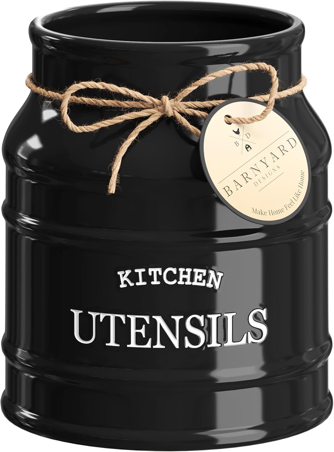 Barnyard Designs Ceramic Farmhouse Utensil Holder for Kitchen Counter, Large Rustic Utensil Crock, Countertop Cooking Tool Spatula Organizer, 6.75” (Black)