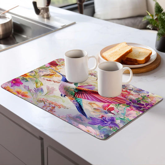 Hummingbird Dish Drying Mat for Kitchen Counter Microfiber Super Absorbent Non-Slip Dish Drying Pad for Countertops Dishes Utensils Stylish Quick-Dry Machine Washable 18x24 Inch