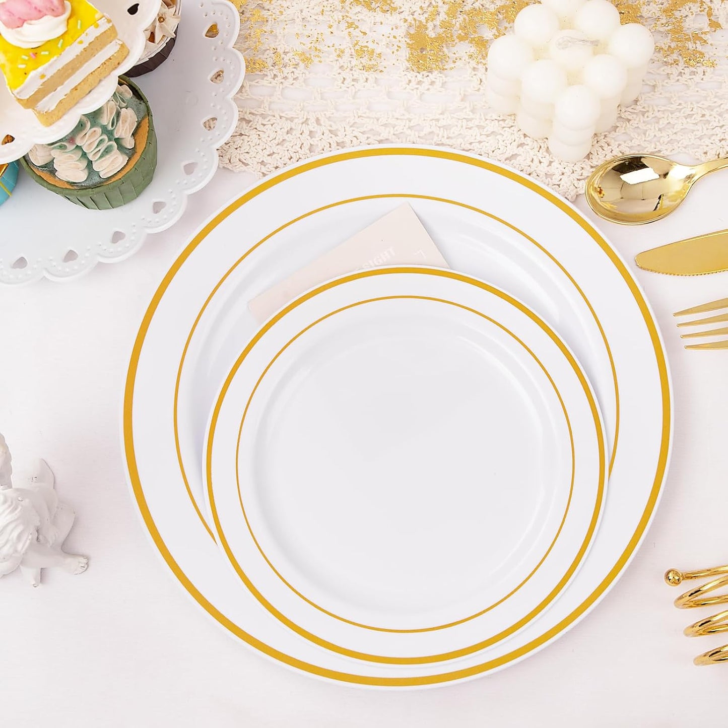 I00000 300 Pcs Gold Plastic Plates with Silverware, White and Gold Plastic Dinnerware Set for Party include: 60Dinner Plate 10.25", 60Dessert Plate 7.5", 60 Silverware Sets for christmas
