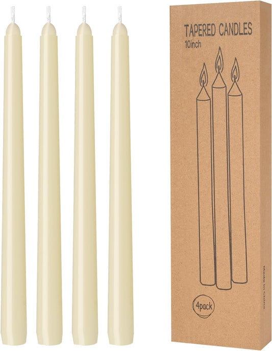 4 Pack Ivory Taper Candles - Taper Candles 10 Inch Dripless, Smokeless & Unscented - 8 Hours Long Burning - Hand Poured Tall Candlesticks - Ideal for Weddings, Dinner Parties, and Home Decor