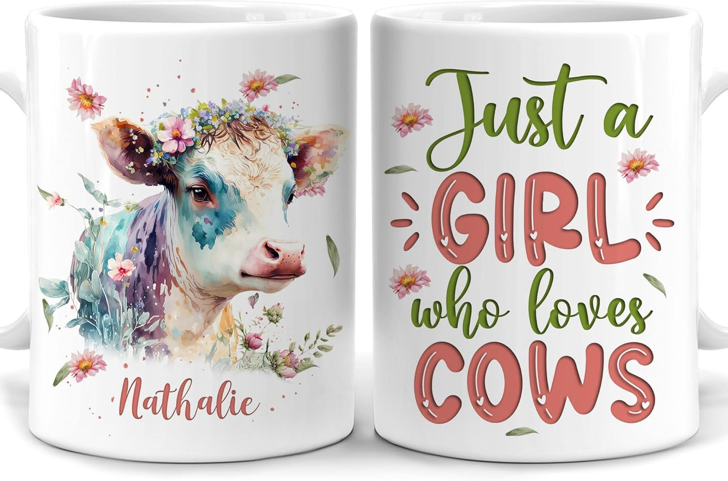 Hyturtle Personalized Gifts Cow Lover - Just A Girl Who Loves Cows Custom Name Ceramic Coffee Mug Cup 11oz - Idea Cute Animal Lover Gifts For Women, Girl Daughter On Birthday, Christmas
