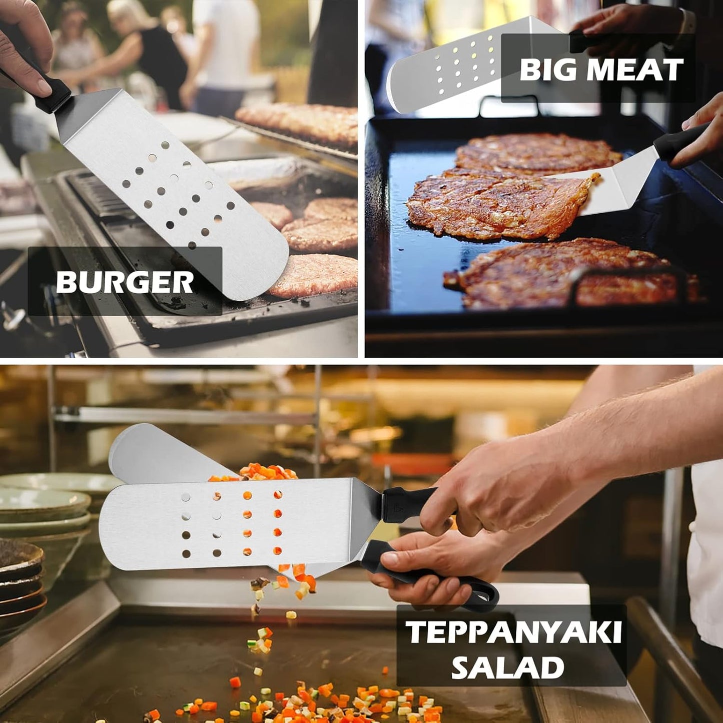 Metal Spatula Set of 2, HaSteeL 14.5 x 2.8In Heavy Duty Perforated & Solid Griddle Tuner Flipper, Long Stainless Steel Griddle Tools for Flat Top Teppanyaki Hibachi Grilling Camping, Easy to clean