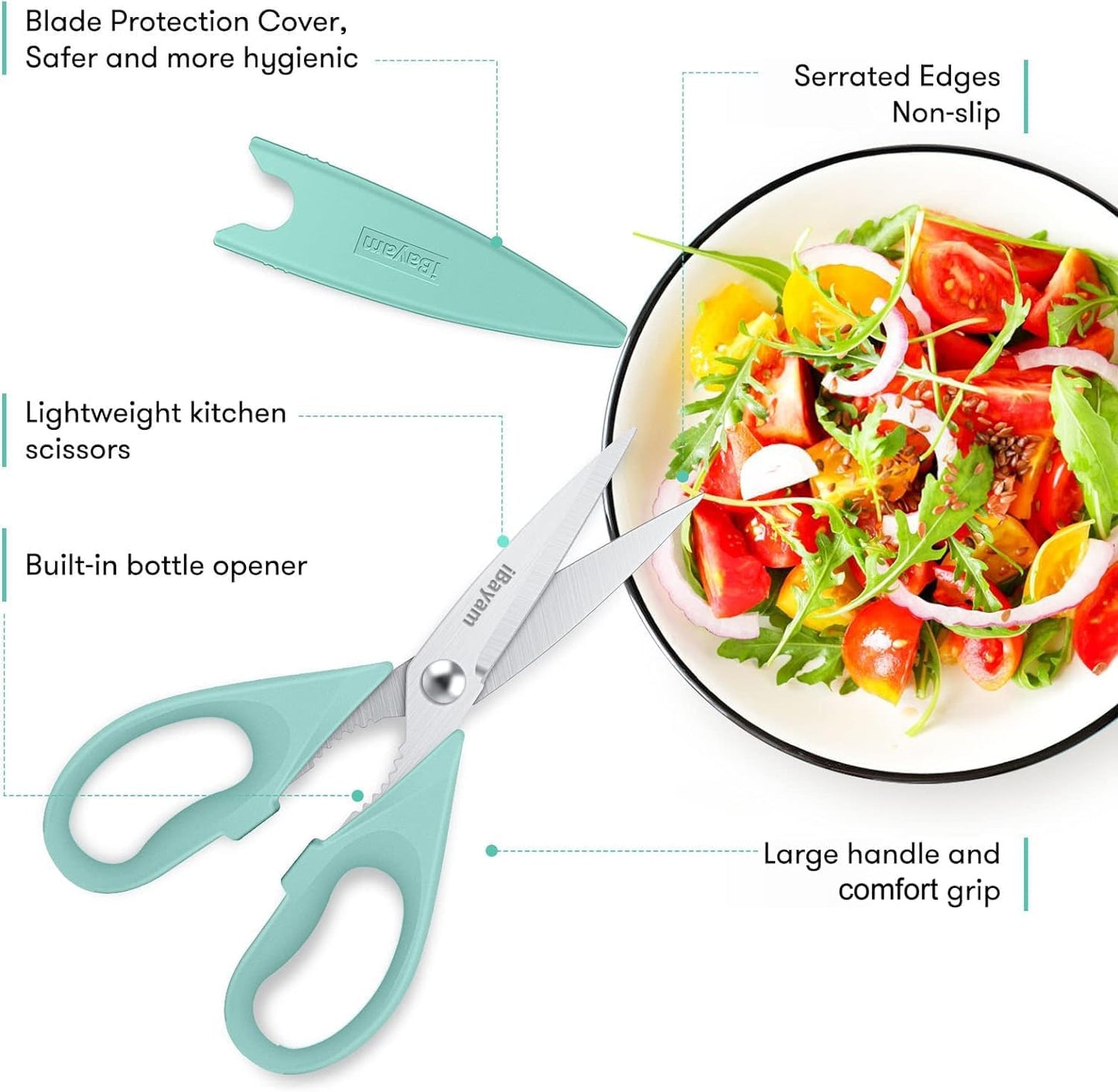 Kitchen Shears, iBayam Kitchen Scissors Heavy Duty Meat Scissors Poultry Shears, Dishwasher Safe Food Cooking Scissor All Purpose Stainless Steel Utility Scissor, 2-Pack (Aqua Sky)