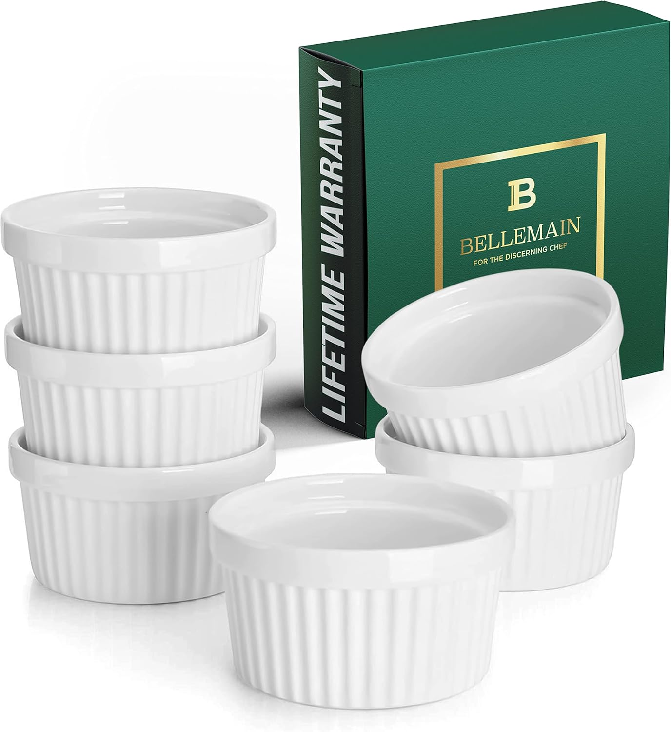 Bellemain Creme Brulee 4 oz Ramekins | Mini Casserole Dish Set, Charcuterie Bowls, Pot Pie Baking Dishes, Soy Sauce Bowls | Fluted Porcelain Bowls, Ramekins Oven Safe to 500F, Set of 6 (White)