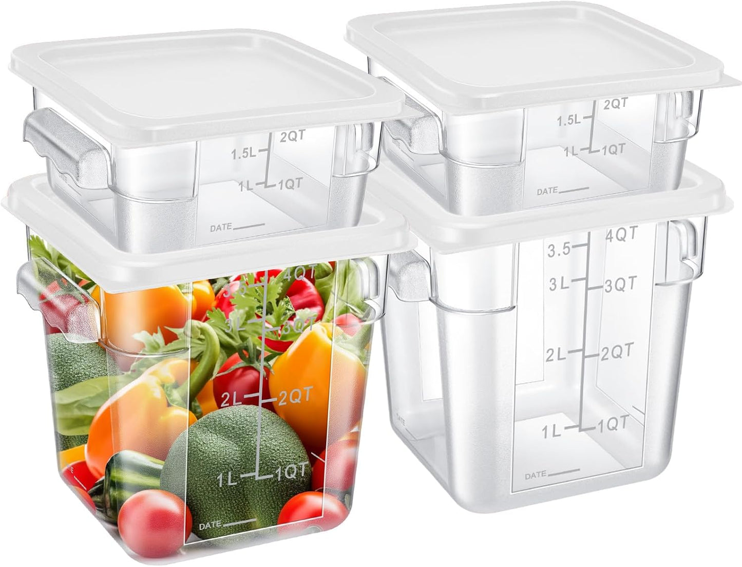 Barydat 4 Pcs Food Storage Container with Lids 2Qt and 4Qt Square Commercial Containers with Scales and Handles Polycarbonate Clear Food Storage for Kitchen Proof Dough Marinating Meat(White)