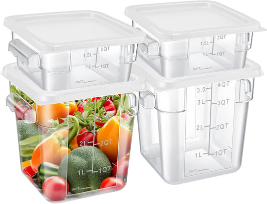 Barydat 4 Pcs Food Storage Container with Lids 2Qt and 4Qt Square Commercial Containers with Scales and Handles Polycarbonate Clear Food Storage for Kitchen Proof Dough Marinating Meat(White)