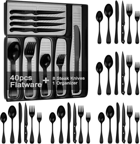 49-Piece Black Silverware Set with Organizer, Stainless Steel Flatware Set for 8 with Drawer Tray, Cutlery Steak Knives Fork Spoon for Home Restaurant, Mirror Finish, Dishwasher Safe