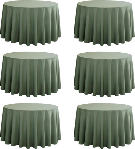 6-Pack Round 108-inch Sage Green Table Cloths, Solid Stain and Wrinkle Resistant Circular Tablecloth, Premium Plain Weave Polyester Fabric Table Linen Covers for Hotel, Banquet
