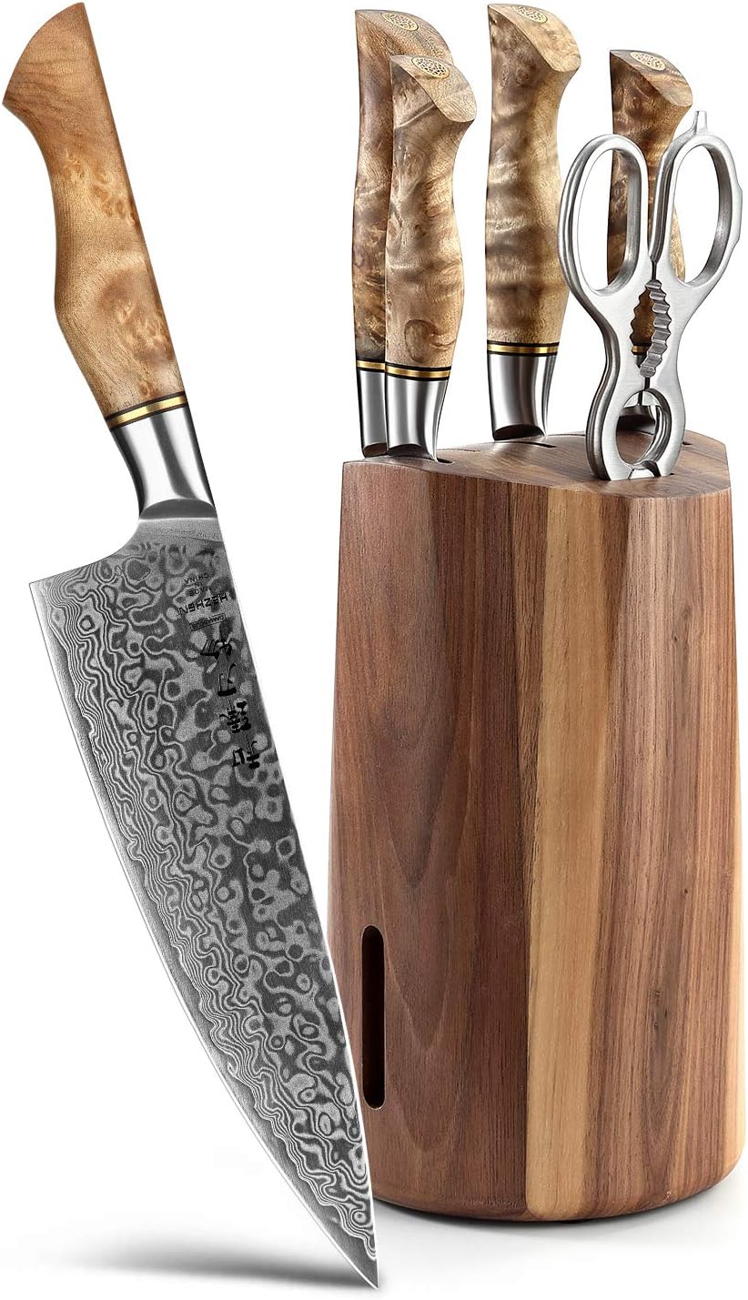 HEZHEN 7PCS Kitchen Knives Set - Professional Forging Damascus High Carbon Steel Chef Knife, Santoku, Bread, Utility, Fruit Knives & Multifunctional Kitchen Scissors - 6Slot Black Walnut Block