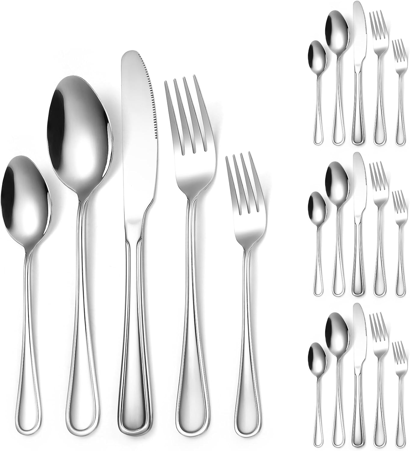 Modern Flatware Silverware Set for 4 People Kitchen Stainless Steel Cutlery 20 Pieces Forks Knives Spoons Luxury Eating Utensils Double Line Edges Handle