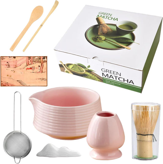 Matcha Whisk Set,Includes Ceramic Matcha Bowl, Bamboo Matcha Whisk and Holder, Bamboo Scoop and Spoon, Scoop Rest, Sifter and Tea Towel,Traditional Japanese Matcha Tea Ceremony Set Gift(pink)