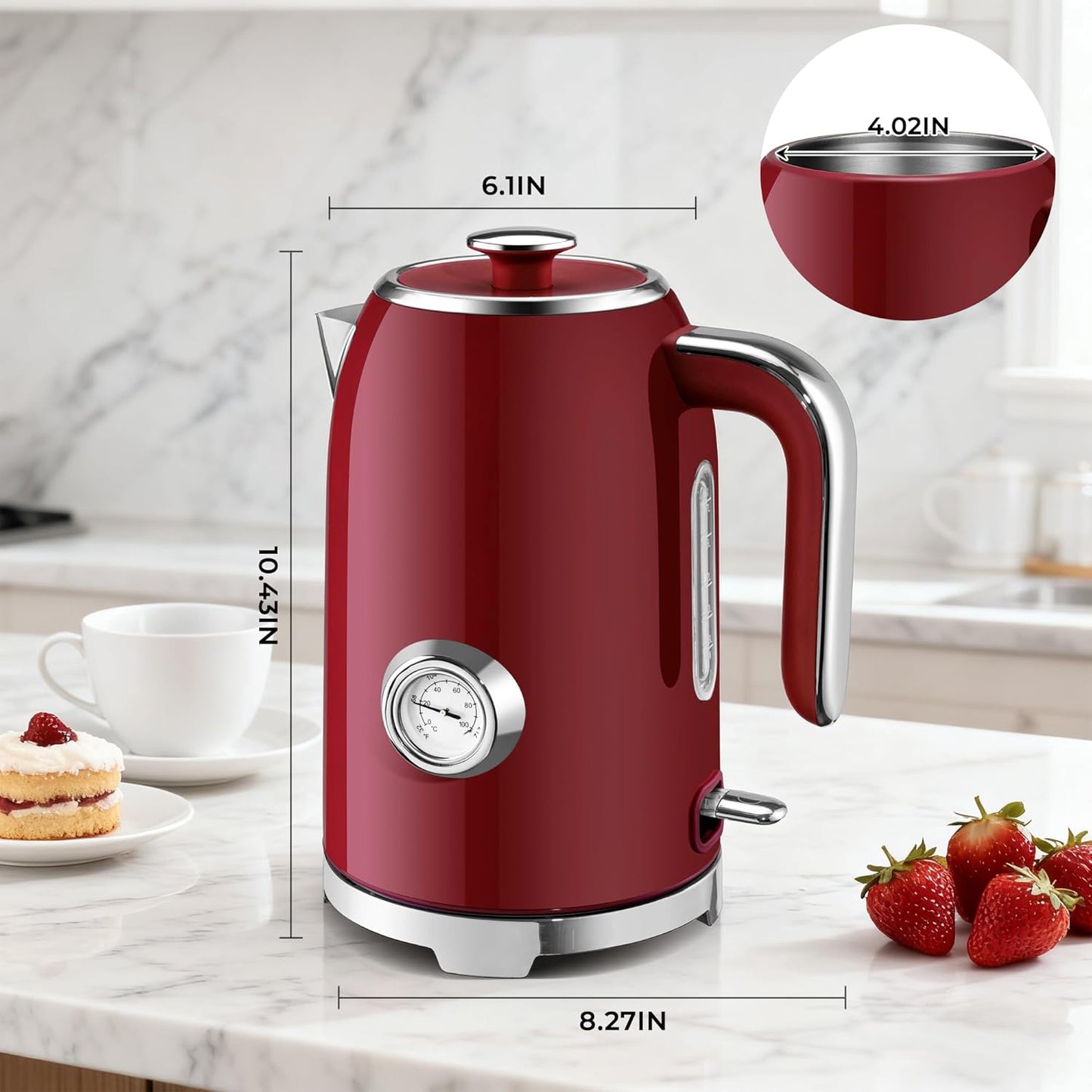 SUSTEAS Electric Kettle - 57oz Hot Tea Water Boiler with Thermometer, 1500W Fast Heating Stainless Steel Pot, Cordless LED Indicator, Auto Shut-Off & Boil Dry Protection, Red