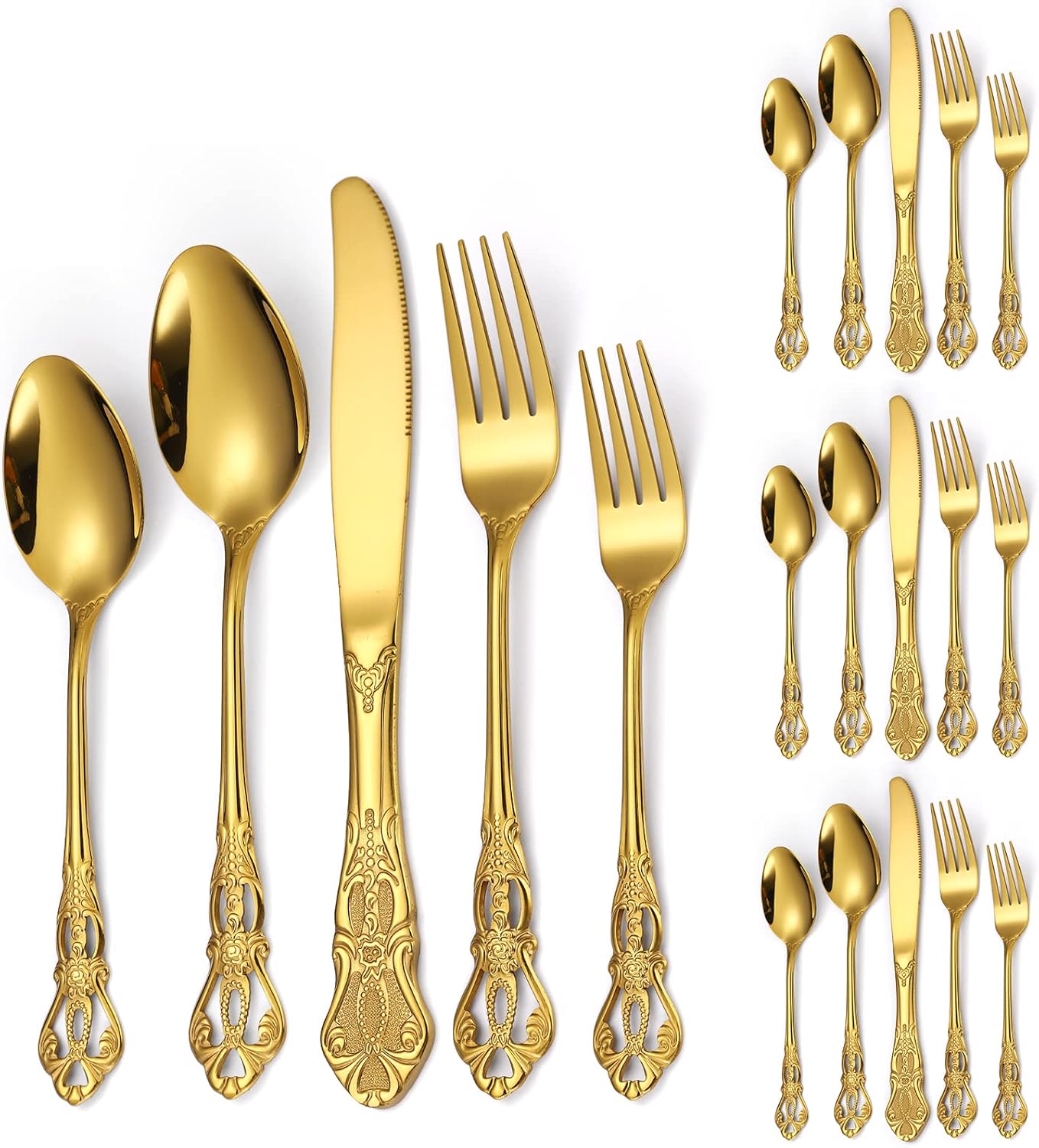 Retro Silverware Gold Set for 4 Stainless Steel Flatware Royal 20 Piece Cutlery Sets Knives Spoons Forks Vintage Hollow Relief Design Durable Festival Parties Daily Kitchen Utensils